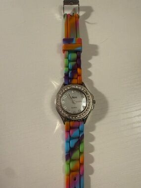 Multicolor Tie-Dye Silicone Strap Watch with Crystal Bezel